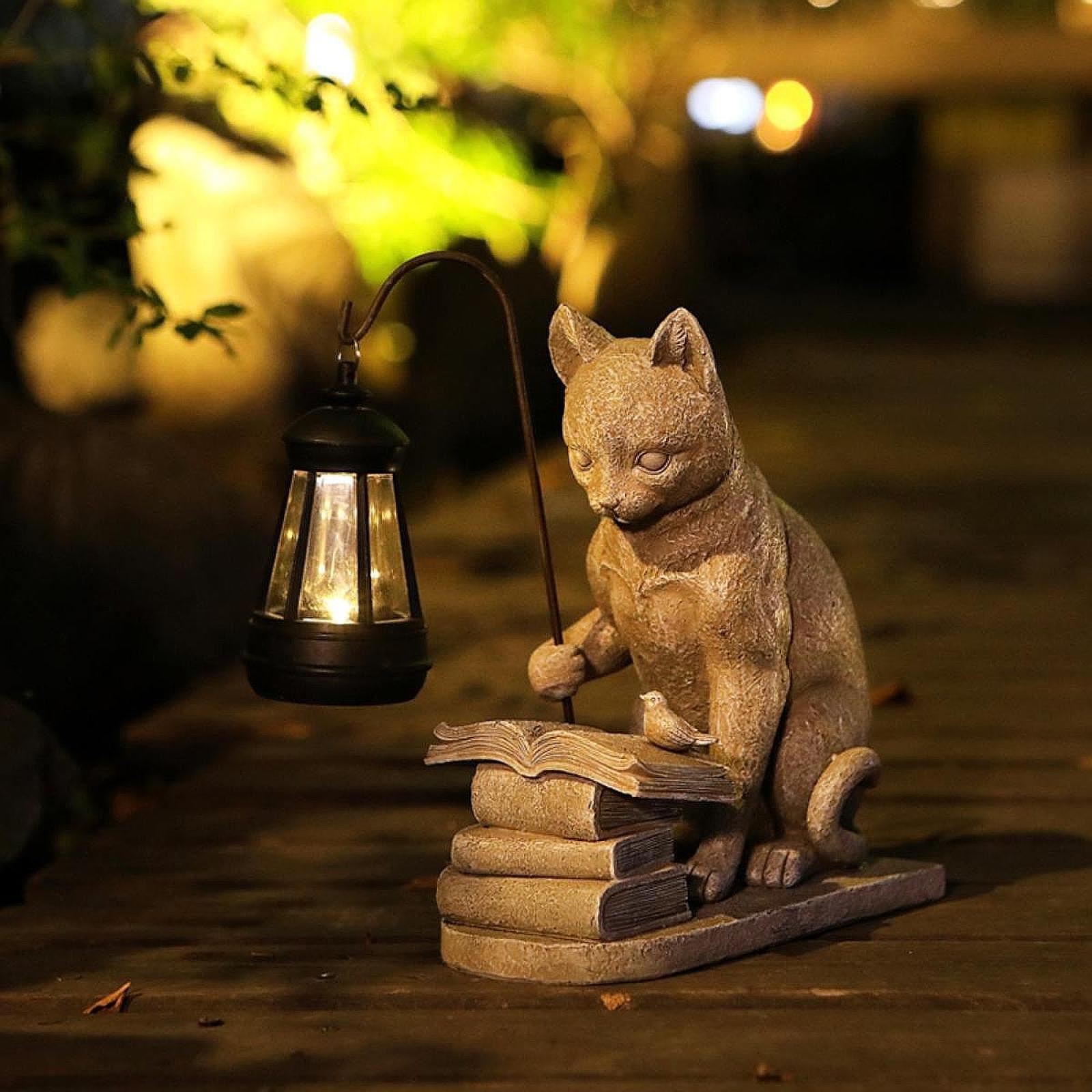 Resin Art Sculptures - Kedi Güneş Enerjili Bahçe Mini Heykeli,